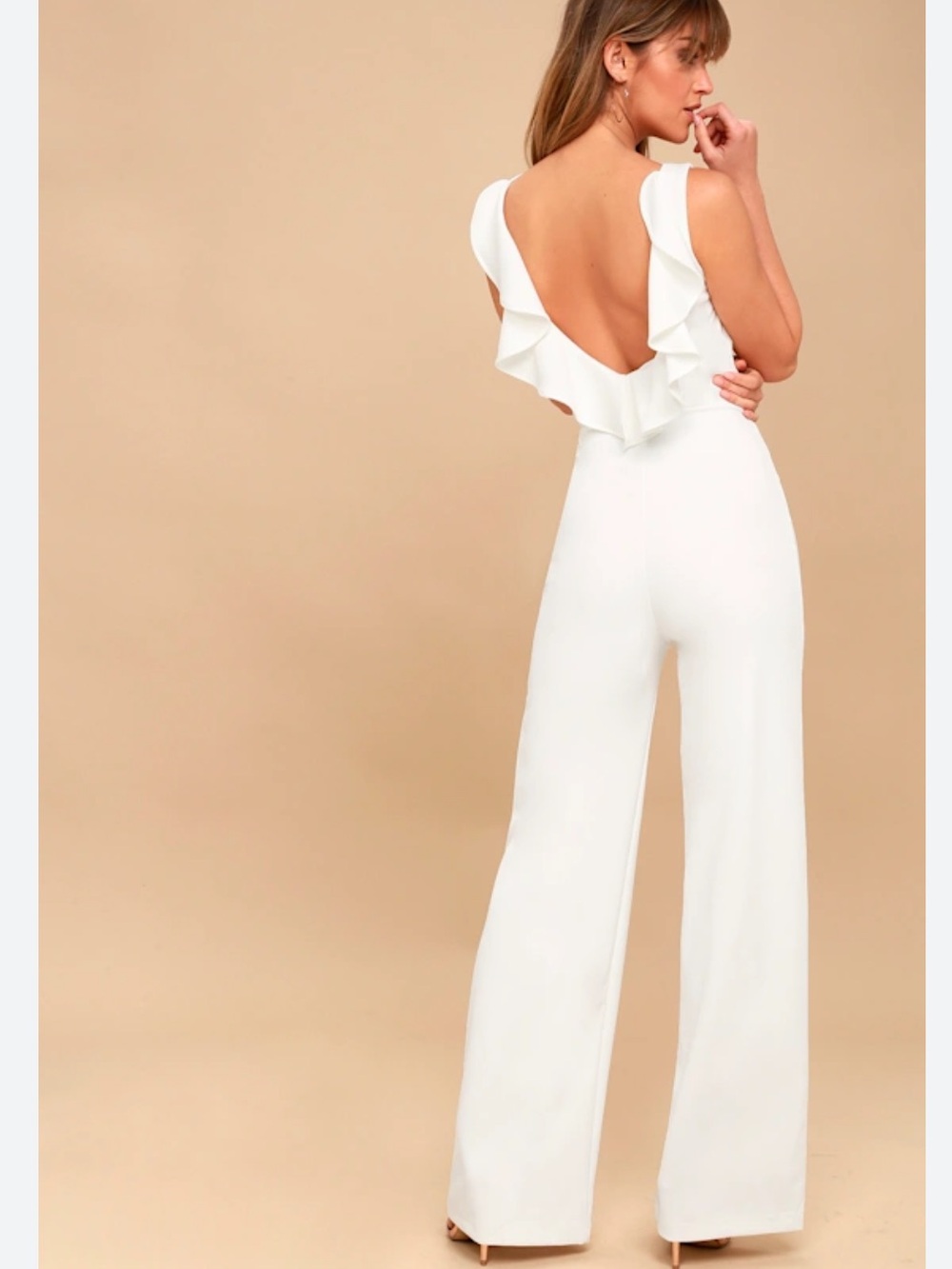 Lulu's White Backless Ruffle Wide-Leg Jumpsuit